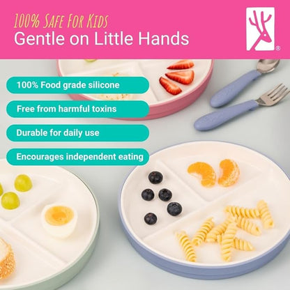 Elk and Friends Kids 6.7” Porcelain Divided Plates with Silicone Sleeves + Silicone Lids | Suitable for Babies/Kids/Toddlers | Microwave & Dishwasher Safe | Non Slip | Snack Dishes