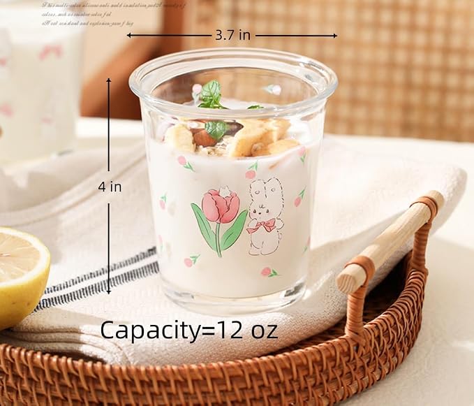 2 Pack 12 OZ Cute Floral Glass Cup Rabbit Drinking Glasses | Thick Sturdy - Image 6