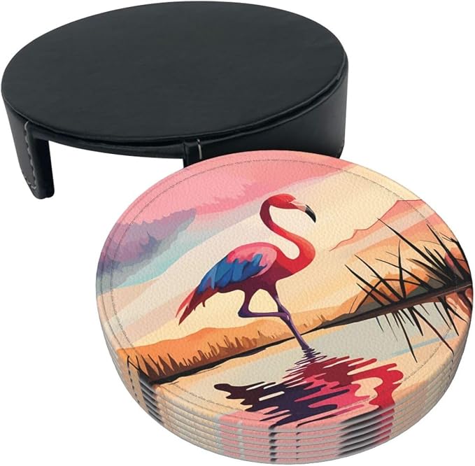 6 Pcs Pink Cute Flamingo Modern Art Boho Leather Coasters - Image 3