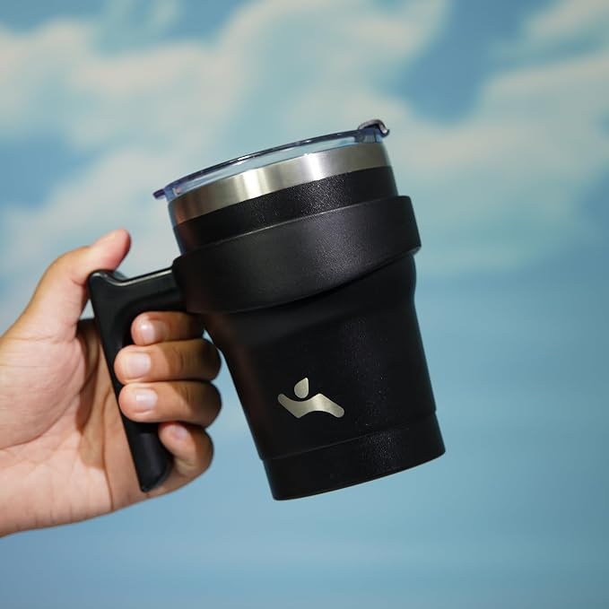 Konokyo 10 oz Tumbler with Handle and Straw, Insulated Travel Mug | Black; - Image 5