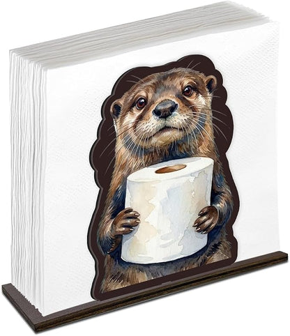 Cute Otter Napkin Holder for Table, Funny Otter Holding Tissue Design Wooden by Unknown