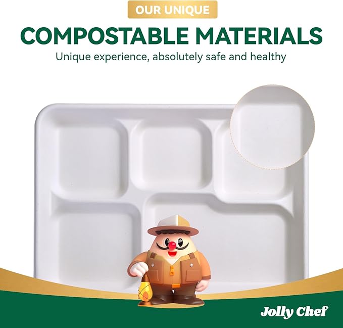 JOLLY CHEF Compostable 𝟱 Compartment Paper Plates 𝟭𝟭 * 𝟴 𝗶𝗻𝗰𝗵 [𝟱𝟬𝟬 𝗣𝗮𝗰𝗸] Heavy Duty White Divided Disposable Plate Eco-Friendly Biodegradable Food Trays for Party Lunch Dinner Christmas
