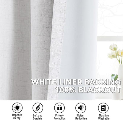H.VERSAILTEX Linen Curtains 100% Blackout Curtains for Bedroom 45 inch Long Full Light Blocking Nature Linen Blended Window Curtains for Living Room Nickel Grommet (2 Panels, Heathered White)