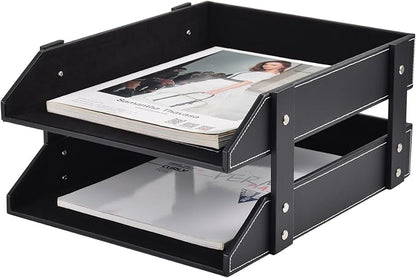 Leather Desk Organizer,2-Tier Stackable Letter Tray Holder,Office Supplies Desktop Storage Box for Document,Stationery,Magazines,Newspapers,Letters and Other Home Office Paper Sundries,Black