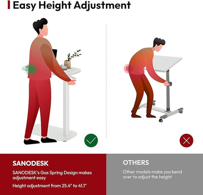 SANODESK Small Standing Desk Pneumatic Height Adjustable Small Sit Stand Desk Laptop Desk Overbed Table Computer Cart for Home Office Computer Workstations(23.6" W x 13.8" D,White)