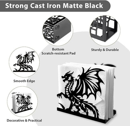 Dragon Decorative Black Metal Napkin Holder for Table, 5.3" x 4.9" x 1.9" Dragon Standing Napkin Holder for Home Kitchen Restaurant Picnic Party Coffee Bar Dining Room