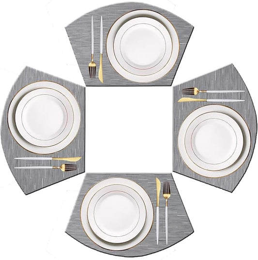 PIGCHCY Wedge Shaped Placemats for Dining Table Cross-Weave Washable Vinyl Placemat Heat Resistant Round Table Mats Set of 4 (Silver Grey)