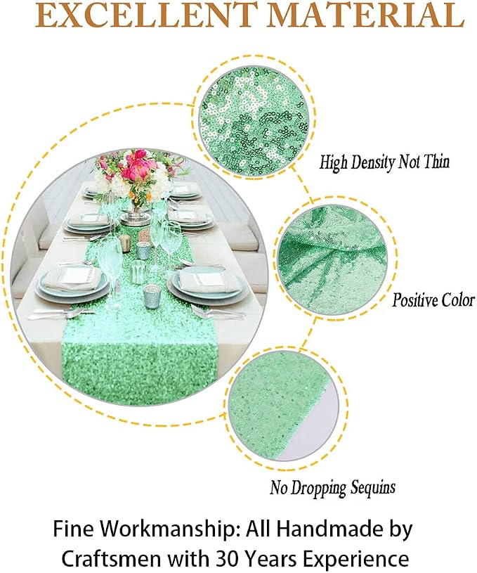 ShiDianYi 12''*72'' Mint Green Sequin Table Runner Sparkly Metallic Sequin - Image 3