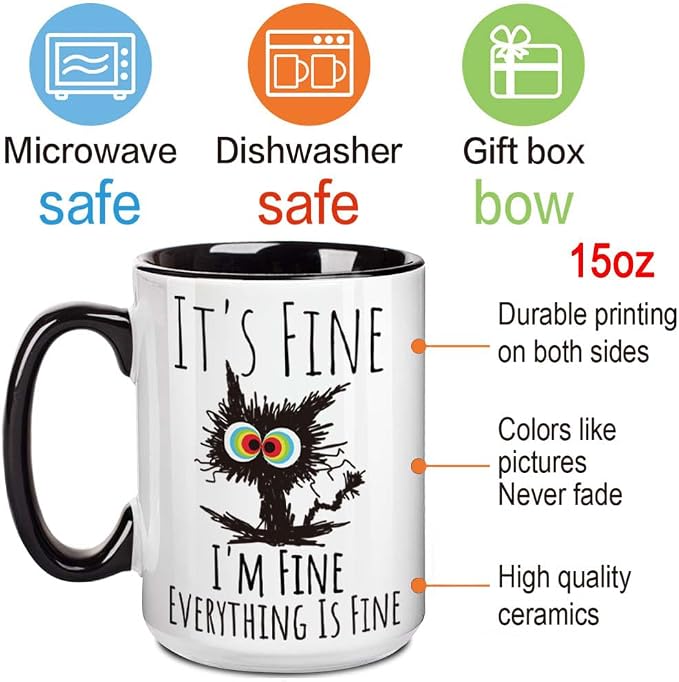 FALJIOK I'm Fine Everything is Fine Coffee Mug 15oz Funny Sarcastic Cat Mug - Image 3