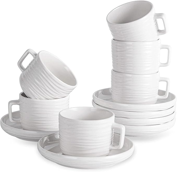 Tea Cups and Saucers Set, 8 OZ White Porcelain Coffee Cups | British Tea Set of by CHILDIKE