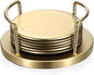 JUXYES Set of 6 Stainless Steel Round Coasters with Holder & Sponge Bottom, Golden Metal Cup Coasters Set Stunning Cool Coaster Cups Mats Decor for Restaurant Kitchen bar Dining Table