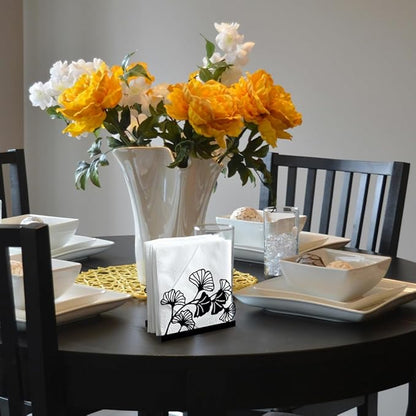 Modern Ginkgo Leaves Decorative Black Metal Napkin Holder for Table, 4.9" x 4.9" x 1.9" Standing Napkin Holder for Home Kitchen Restaurant Picnic Party Coffee Bar Dining Room