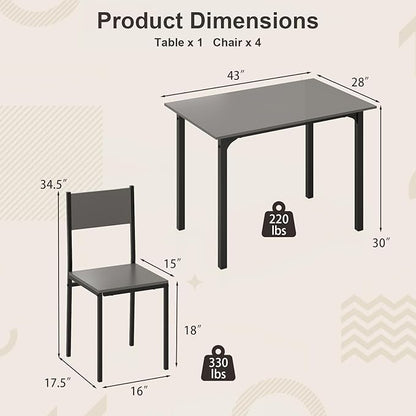 COSTWAY Dining Table Set for 4, Rectangular Kitchen Table and Chairs Set with Backrest, Metal Frame, Space-Saving Dinette Set, Breakfast Nook Table Set for Small Space, Apartment, Dorm (Grey)