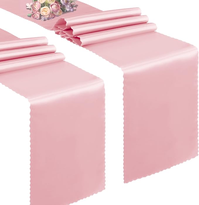 VACVELT Blush Pink Satin Table Runners, 12x72 Inch, 2 Pack, Scalloped Edge | by VACVELT