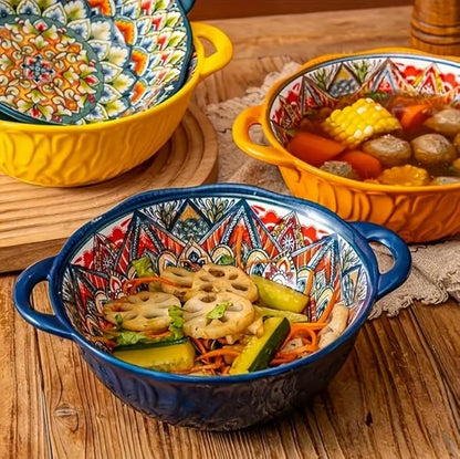 Ceramic Large Soup Bowl with Double Handle 9.5 inch Set of 4,32 oz Embossed Bowl Set for Salad, Oatmeal, Dessert, Pasta, Stew, Dishwasher & Microwave Safe - Colorful