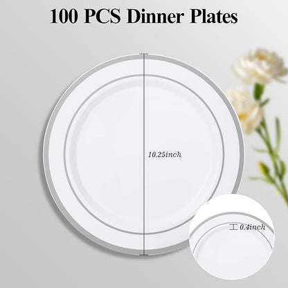 Goodluck 100PCS Silver Plastic Plates, 10.25 Inch Dinner Plate with Silver Rim, Heavy Duty Disposable Plastic Plates for Party, Wedding, Birthday & Daily Use