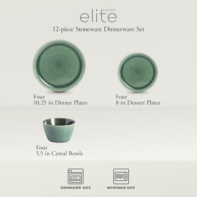 Gibson Elite 12 Piece Fern Canyon Plates and Bowls Reactive Glaze Modern Coupe - Image 2
