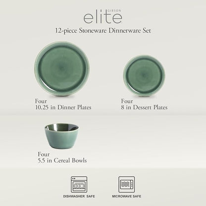 Gibson Elite 12 Piece Fern Canyon Plates and Bowls Reactive Glaze Modern Coupe - Image 2