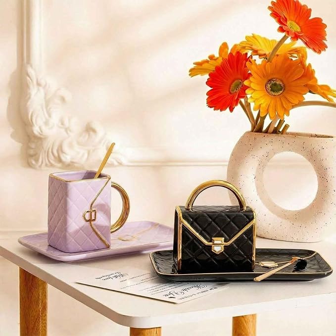 Zubebe 2 Set Coffee Mug Elegant Handbag Shaped Cup Modern Ceramic Purse Mug - Image 3