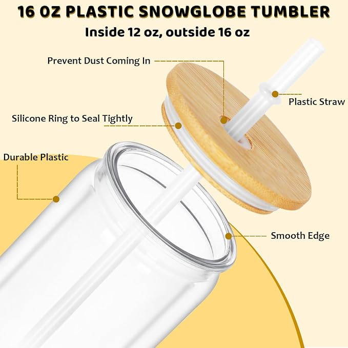 16 Oz Plastic Snowglobe Tumbler, 6 Pack Pre-Drilled Double Wall Plastic Clear - Image 2