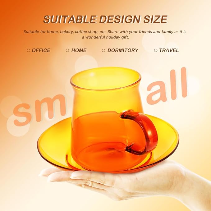 Mikinona Vintage Tea Cups and Saucers Sets, 3.14x2.75x2.75In Amber Glass Coffee - Image 7