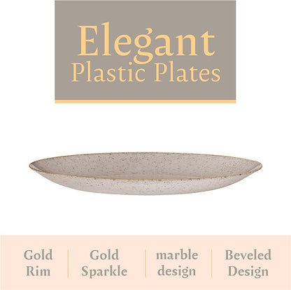 PLASTICPRO 30 Pack Disposable Plastic Plates Heavyweight Granite Look Elegant 9 inch Dinner Plates Grey with Gold Rim
