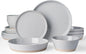 Famiware Saturn 16 Pieces Plates and Double Bowls Sets for 4, Stoneware Dinnerware Set with Pasta Bowl, Dish Set with Trim - Chip & Scratch Resistant, Microwave & Dishwasher Safe, Light Gray