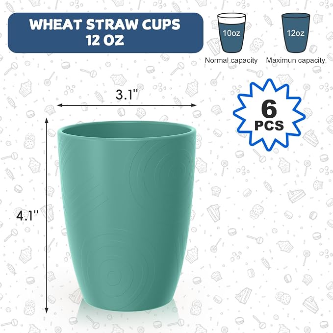 Wheat Straw Plastic Cups Set 6 PCS, 12 OZ Unbreakable Reusable Plastic Cups - Image 2