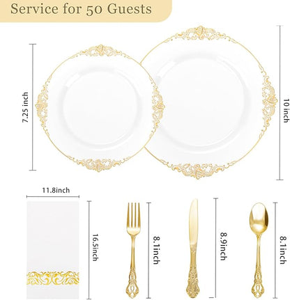 Ciaell 300PCS White and Gold Plastic Plates - Gold Disposable Dinnerware Sets for 50 Guests - 100 Plates, 50 Knives, 50 Forks, 50 Spoons, and 50 Napkins for Wedding, Anniversary, Party