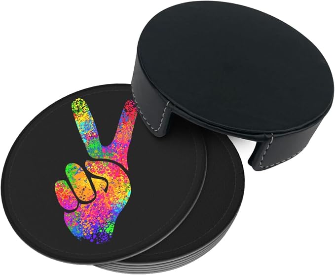 6 Pcs Hippie Two Fingers Symbols Peace Sign Leather Coasters - Image 4