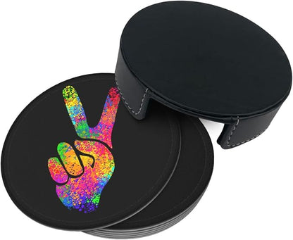 6 Pcs Hippie Two Fingers Symbols Peace Sign Leather Coasters - Image 4