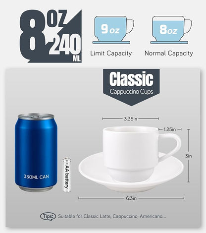 Lareina 8 Ounce Porcelain Cappuccino Cups Set of 4, Stackable Coffee Cups - Image 3