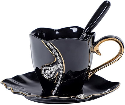 7 Oz Luxury Rhinestone Ceramic Coffee Cup and Saucer Set by Unknown