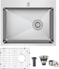 25x18 Inch Kitchen Sink, Commercial Grade 304 Steel Kitchen Sink, Centre-Offset Drain, 9" Deep Single Bowl Kitchen Sinks, Brushed(Inclued Bottom Grid & Drain Strainer)