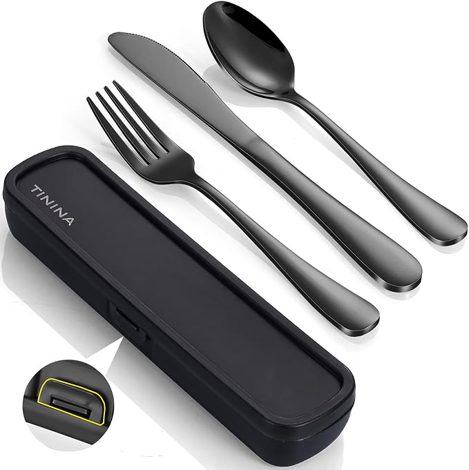 Travel Utensils with Case, 4-Piece Stainless Steel Portable Cutlery Set by TININA