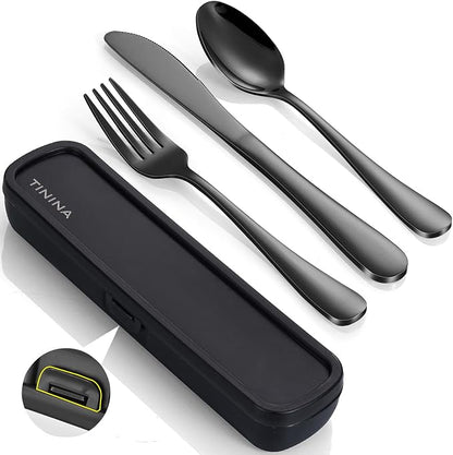 Travel Utensils with Case, 4-Piece Stainless Steel Portable Cutlery Set by TININA