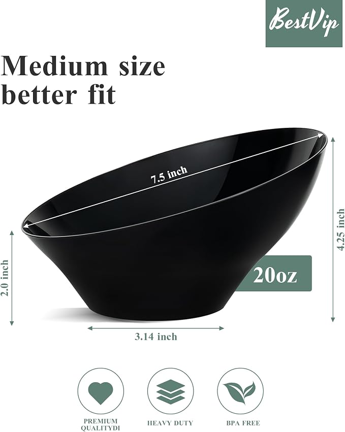 BESTVIP 20 Oz Black Plastic Angled Serving Bowls, 12 Pack | Disposable Bowls - Image 3