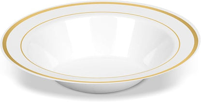 100 Disposable White Gold Trim Plastic Soup Bowls | 14 oz. Premium Heavy Duty Disposable Dinnerware with Real China Design | Safe & Reusable and Great for Parties or Weddings. (50-Pack) Gold