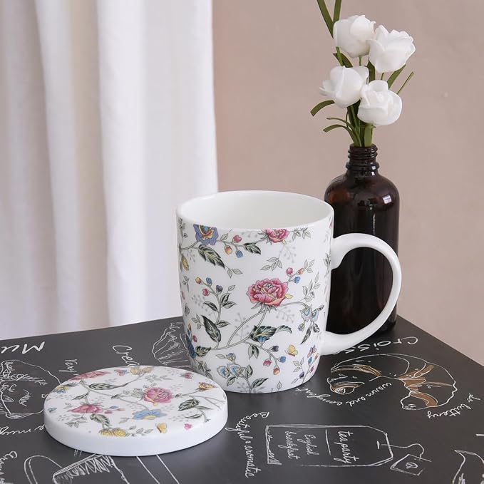 Sizikato Porcelain Mug with Lid, 10oz Bone China Milk Mug Coffee Mug, Colorful - Image 3
