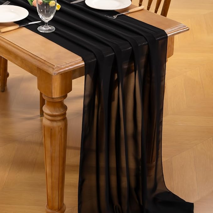 Black Chiffon Table Runner Summer Boho Wedding Birthday Party Decor | 10ft - Image 3