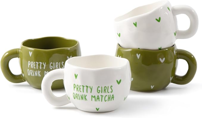 4pcs Ceramic Coffee Cups, 9.4OZ Cute Matcha Cup Set, Dishwasher Safe Green Tea by YumiPLUS