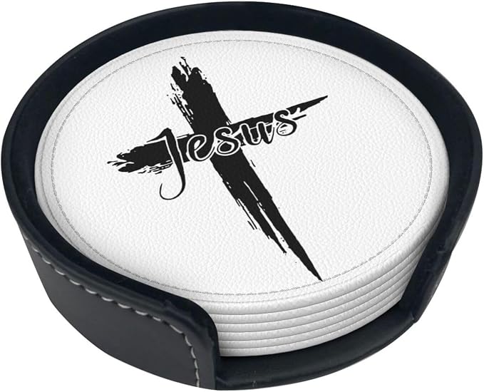 Jesus Cross Coasters for Drinks Set of 6, Round Leather Coaster - Image 2