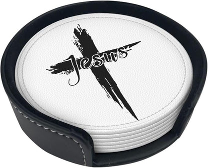 Jesus Cross Coasters for Drinks Set of 6, Round Leather Coaster - Image 2