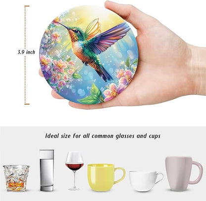 Drink Coasters for Drinks Set of 6, Spring Hummingbird and Floral Blossom Absorbent Round Ceramic Stone Mat Coaster, with Cork Base and Metal Holder, Home Bar Decor House Warming Gift