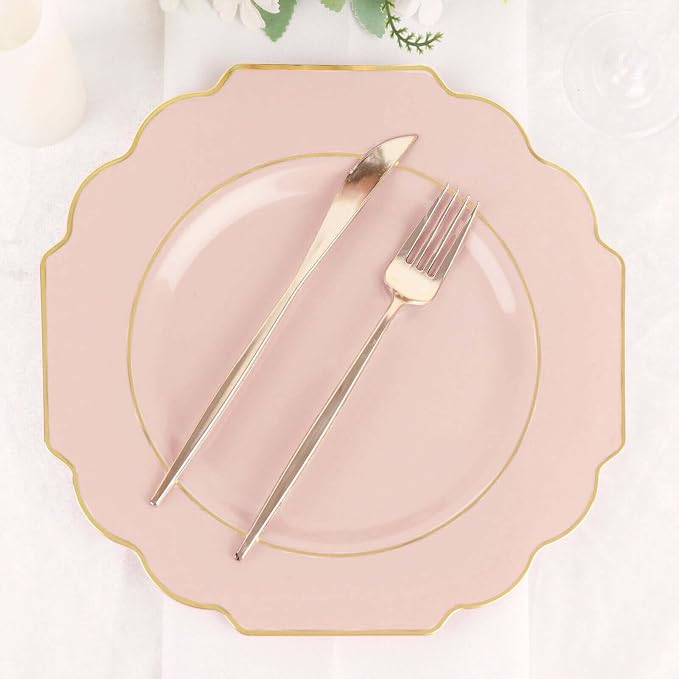 Blush Hard Plastic Dinner Plates, 50 Pack 11" Disposable Round Baroque Plates by TCFLinen