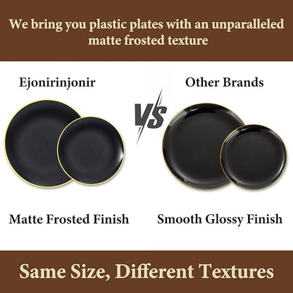 EI enjonirinjonir 80pcs Black and Gold Dinner Plates Disposable 10.25inch,Plastic Party Plates with Gold Rim,Black Plastic Matte plate Frosted Disposable Heavy Duty,Elegant for Wedding/Tea Party