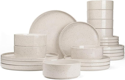 Famiware Nebula Plates and Bowls Set, 24 Pieces Dinnerware Sets, Dishes Set for 8, Creamy White with Colorful Speckles