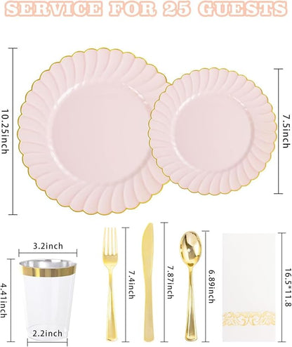 YOUBET 175PCS Pink Scalloped Plastic Plates - Gold Disposable Dinnerware Set Include 50 Plates, 75 Gold Silverware, 25 Cups, 25 Napkins for Party & Wedding & Baby Shower Valentines Day