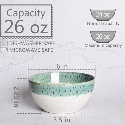 Bosmarlin Stoneware Soup Bowl Set of 4, 26 Oz, Cereal Bowl for Oatmeal, Dishwasher and Microwave Safe, Reactive Glaze (Turquoise Green, 6 in)