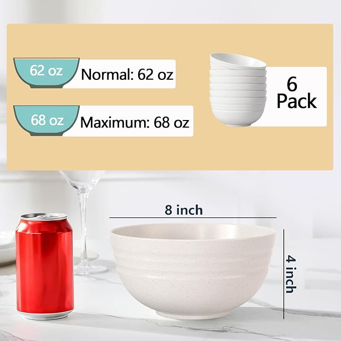 【Non Ceramic】 68 Oz Salad Bowls, Large Serving Bowls 6 Pcs Unbreakable Ramen - Image 5